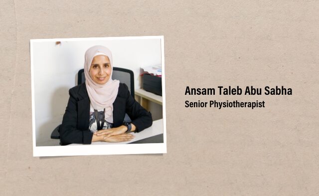 Abu Sabha seen smiling at desk, her photo framed in a polaroid on top of a light brown background, next to the words "Ansam Taleb Abu Sabha, Senior Physiotherapist"